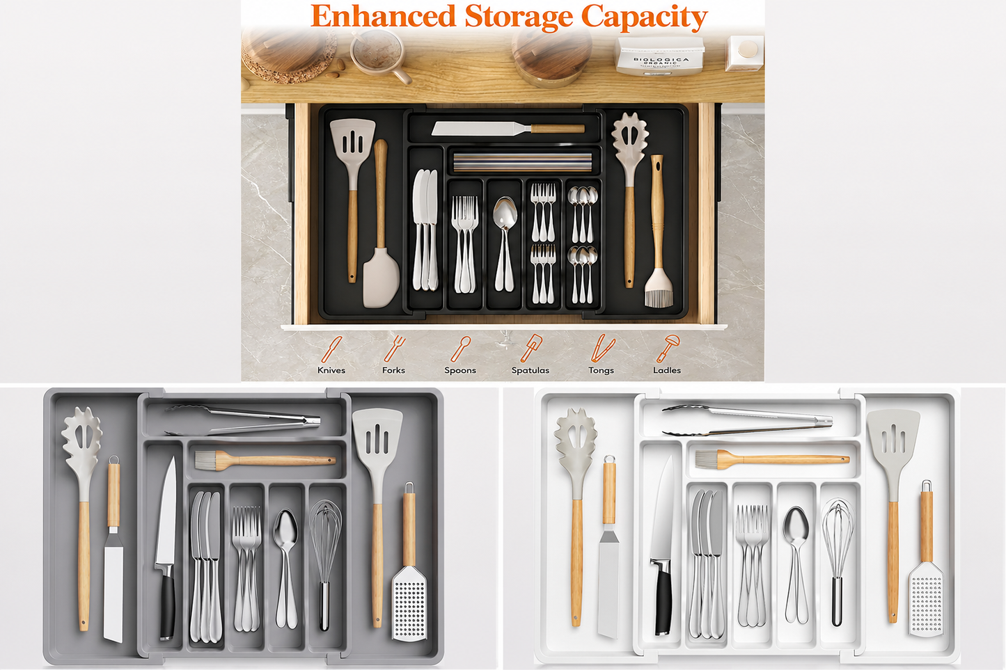 Lifewit Silverware Drawer Organizer, Expandable Utensil Organizer for Kitchen Drawers, Adjustable Cutlery and Flatware Tray, Plastic Spoons Forks Knives Holder Storage Dividers, Extra Large, Black,Gray and White