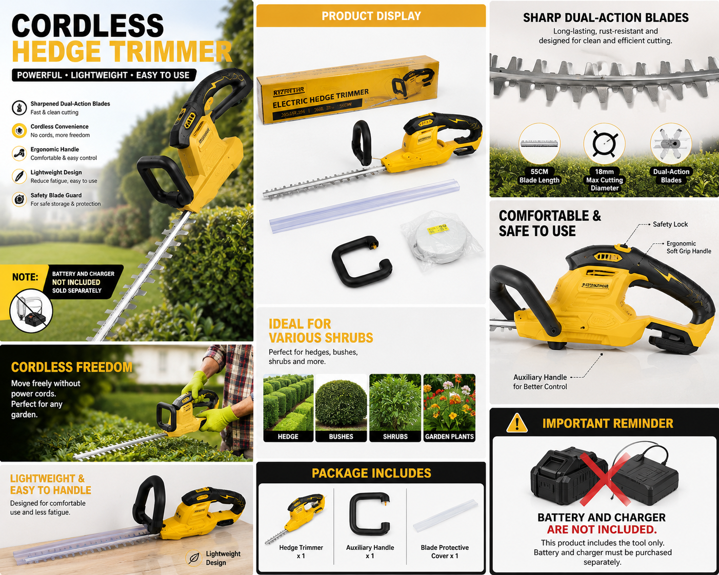 🌿⚡ Cordless Electric Hedge Trimmer (Battery & Charger NOT Included) ⚡🌿