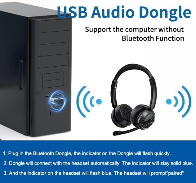 Pointcinco Bluetooth Headset with Noise Canceling Microphone, Convertible Stereo to Mono Headset, Premium Wireless Headset with USB dongle for Game Office Call Center Skype Zoom Meeting Trucker