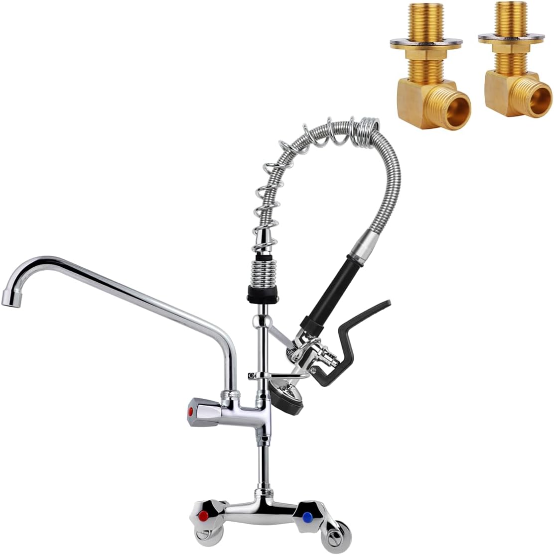 Commercial Kitchen Faucet Wall Mount with Pre-Rinse Sprayer 26" Height Wall Mount Kitchen Sink Faucet 4 to 8 Inch Center with Coiled Spring Pull Down Spray & 12" Add-on Swing Spout Faucet