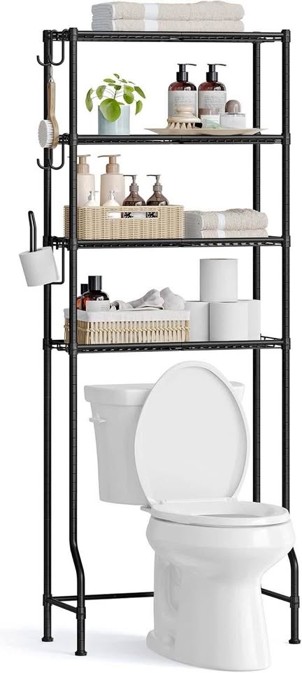 SONGMICS 4 Tier Over The Toilet Storage, Metal Storage Rack, 4 Hooks, Roll Holder, Space-Saving Bathroom Storage Shelf Organizer, Black