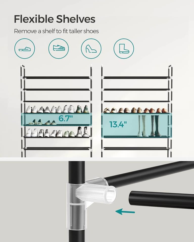 SONGMICS 10-Tier Shoe Rack, Shoe Storage for Hallway Closet, Slim and Space-Saving, Metal Frame, Non-Woven Fabric Shelves, Black