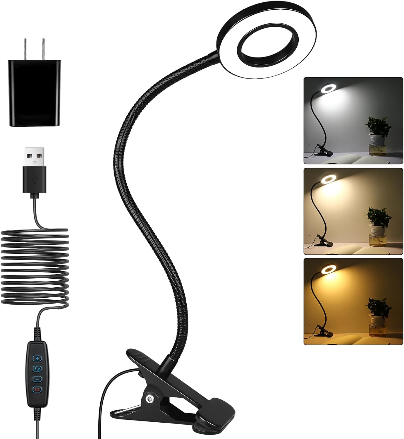 Desk Lamp, Eye Protection Clip on Ring Light, 48 LEDs USB Clip Light with 3 Color Modes 10 Dimmable Brightness, 360° Flexible Gooseneck Desk Light for Study, Read, Office, Dorm