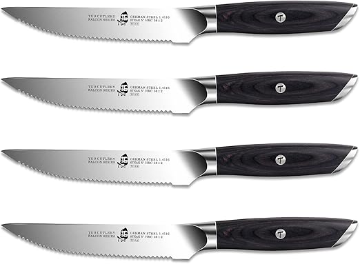 UO Steak Knife Set of 4-5 inch Serrated Steak Knives Kitchen Dinner Knife - German Stainless Steel Steak Set - Full Tang Pakkawood Handle - Falcon Series with Gift Box