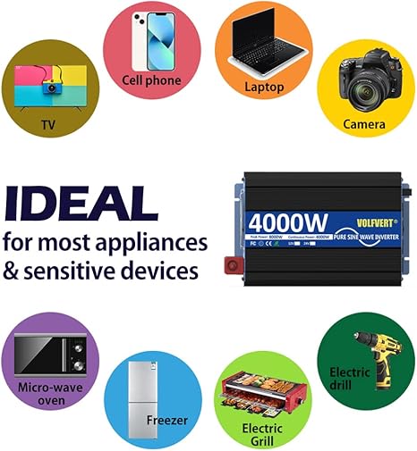 4000W Pure Sine Wave Power Inverters DC 12V to AC 110V 120V with Type-C 4 AC Outlets Dual USB Ports Terminal Blocks LCD Display Wireless Remote Controller for Home RV Solar System Car