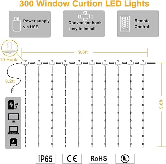 Curtain Lights, Fairy Lights for Bedroom, 300 LEDs Warm White Twinkle Lights W/ 8 Modes USB Powered, Icicle String Lights W/ Remote & Timer for Indoor Xmas Party Patio Decoration(9.8 x 9.8 Ft)