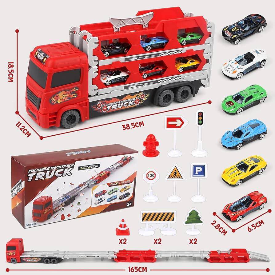Red Foldable Racetrack Truck Toy Set with Cars and Signs