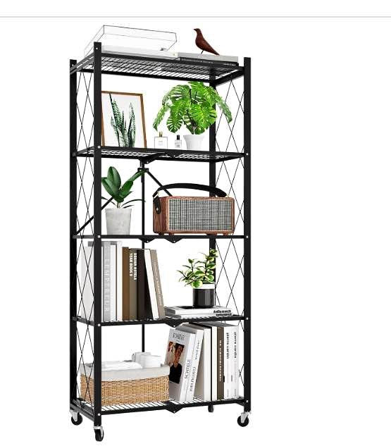 White/Black 5-Tier Folding Metal Shelf on Wheels