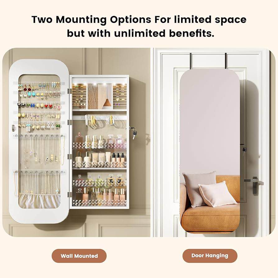 soges Jewelry Cabinet with Full Length Mirror, Lockable Standing Jewelry Armoire Organizer with LED