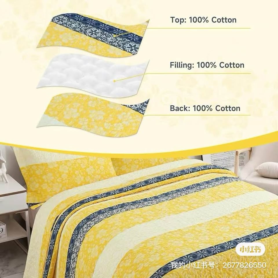 Queen Yellow White Blue Striped 100% Cotton Quilt Set