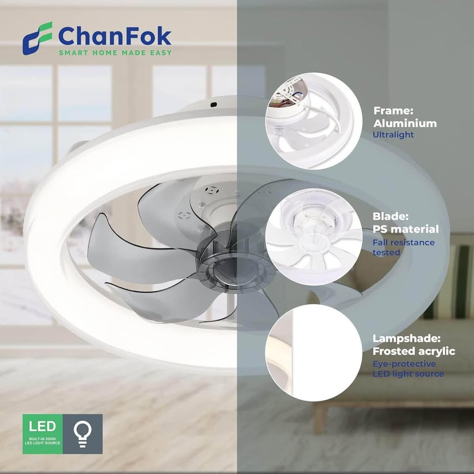 CHANFOK 20'' Low Profile Ceiling Fan with Light, Flush Mount Ceiling Fan with Dimmable Lights