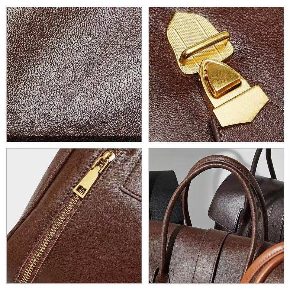 New Leather Handbag Briefcase Top Handle Flap Gold Hardware Shoulder Bag Black Brown