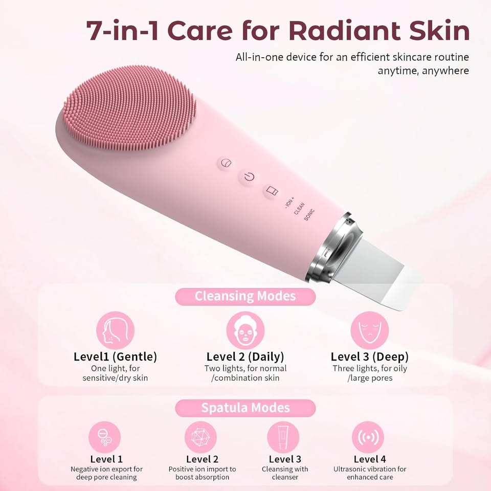 Face Scrubber Silicone Facial Cleansing Brush, 2 in 1 Electric Exfoliator Scrubber & Skin Spatula Pore Cleaner Blackhead Remover Tools, Waterproof Face Brush Exfoliating Deep Cleaning Massager, Pink