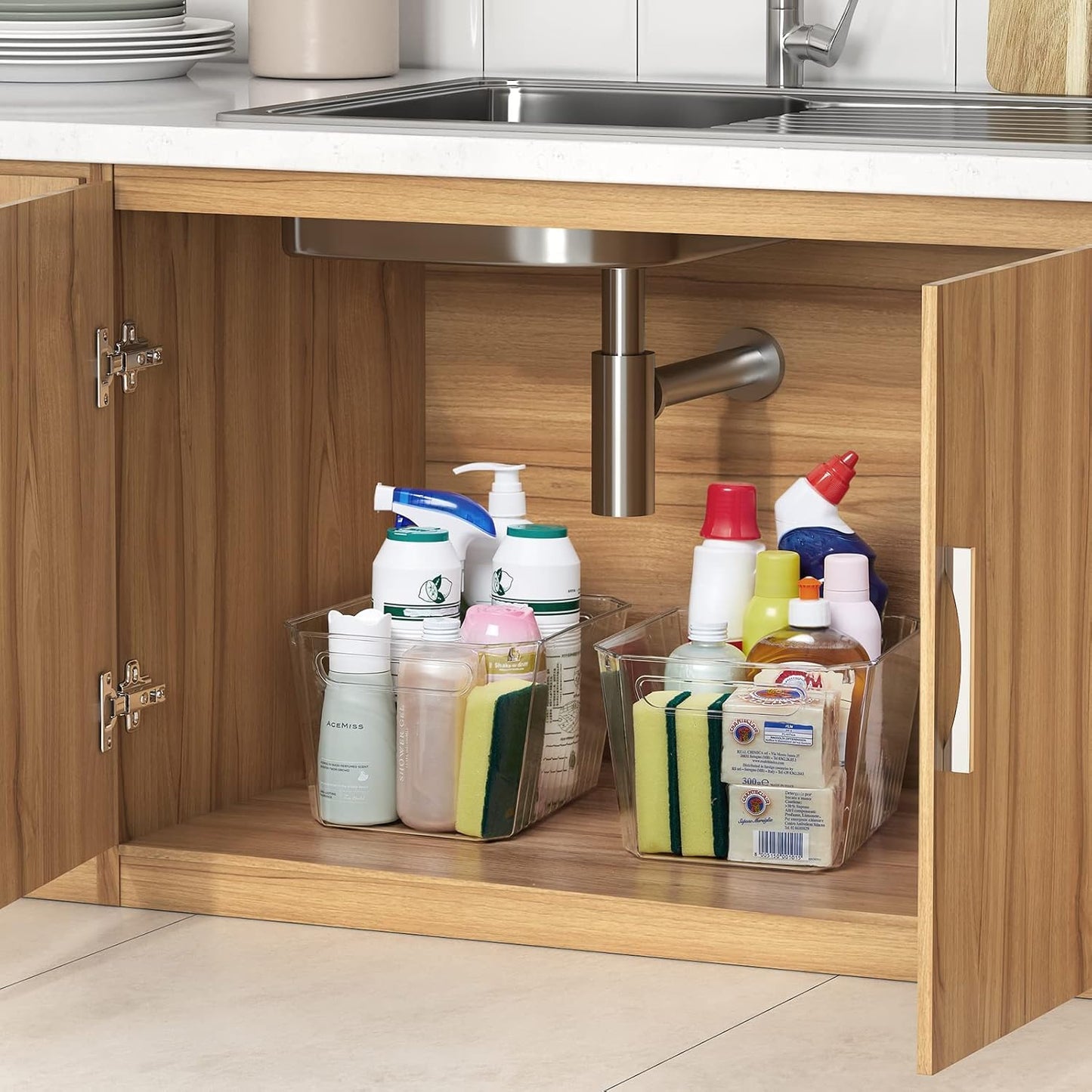 Lifewit 4pcs Large Storage Organizer Bins for Pantry Kitchen, Clear Plastic Storage Basket Set with Handle