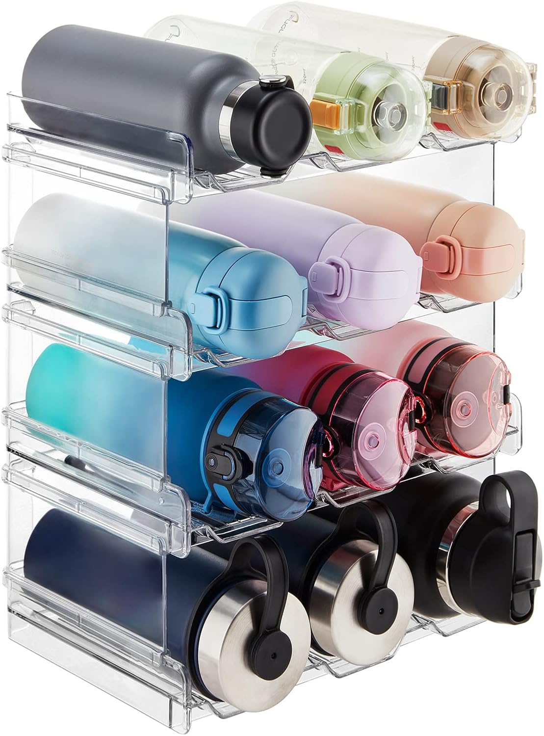Lifewit Stackable Water Bottle Organizer for Cabinet, Freezer, Pantry - Plastic Cup Holder, Wine Racks for Kitchen Tabletop Storage, Cupboard, Office - Pack of 4, Each Rack Holds 3 Containers