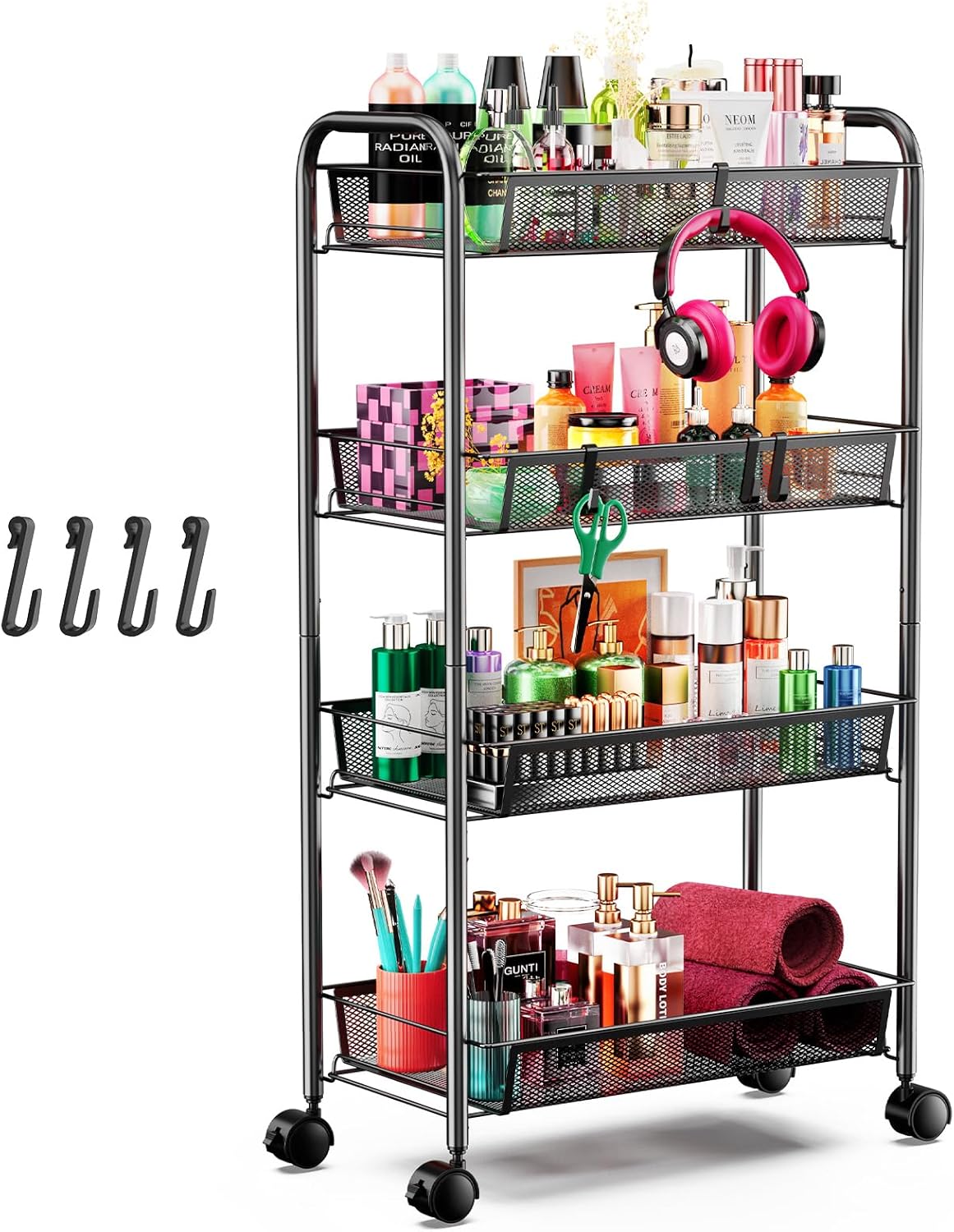 Goovilla 4-Tier Metal Rolling Cart, Mesh Wire Easy Assemble Utility Cart, Storage Trolley on Wheels with 4 Hooks, Metal Storage Shelving Units for Kitchen Bathroom Laundry Living Room, Black