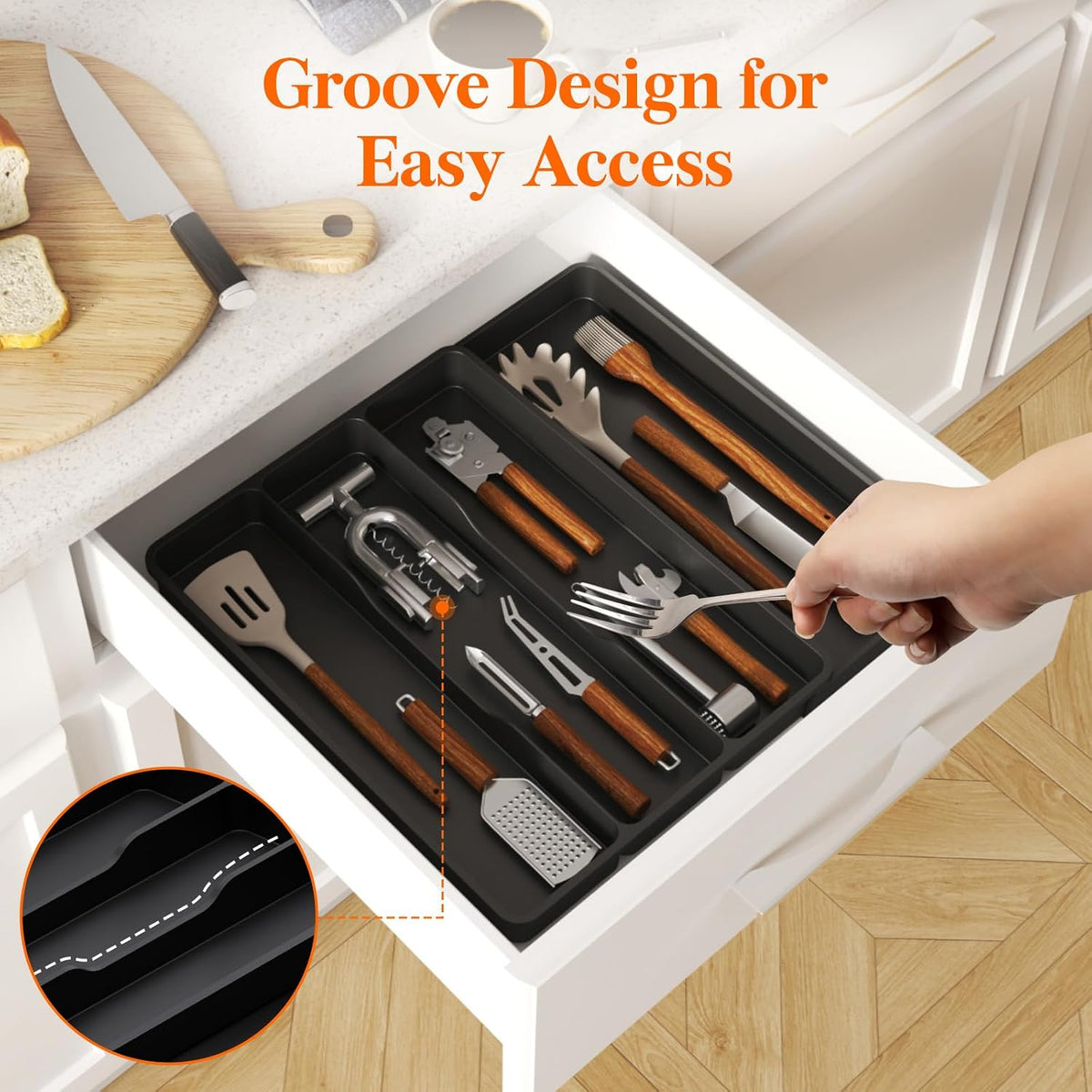 Utensil Drawer Organizer, Expendable Cooking Silverware Tray for Kitchen Drawer, Adjustable Cutlery Flatware Holder, Plastic Spatula Tools and Gadgets Storage Divider, 4 Compartments, Black