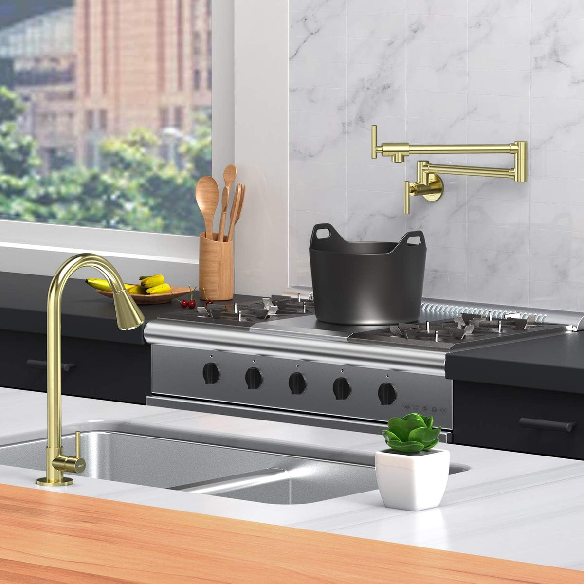 Certified NIREU Pot Filler Faucet Wall Mount Brushed Gold Folding Stretchable Brass Kitchen Faucet