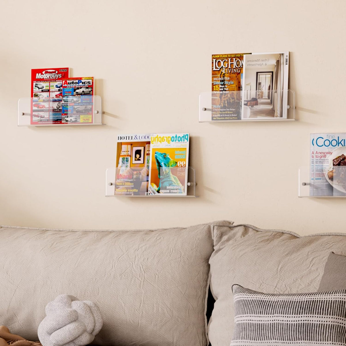 Magazine Rack Wall Mounted, 4 Pack 15" Nursery Bookshelf, Clear Acrylic Kids Floating Shelves Picture Hanging Racks for Baby/Toddler/Children in Bedroom, Living Room Decor