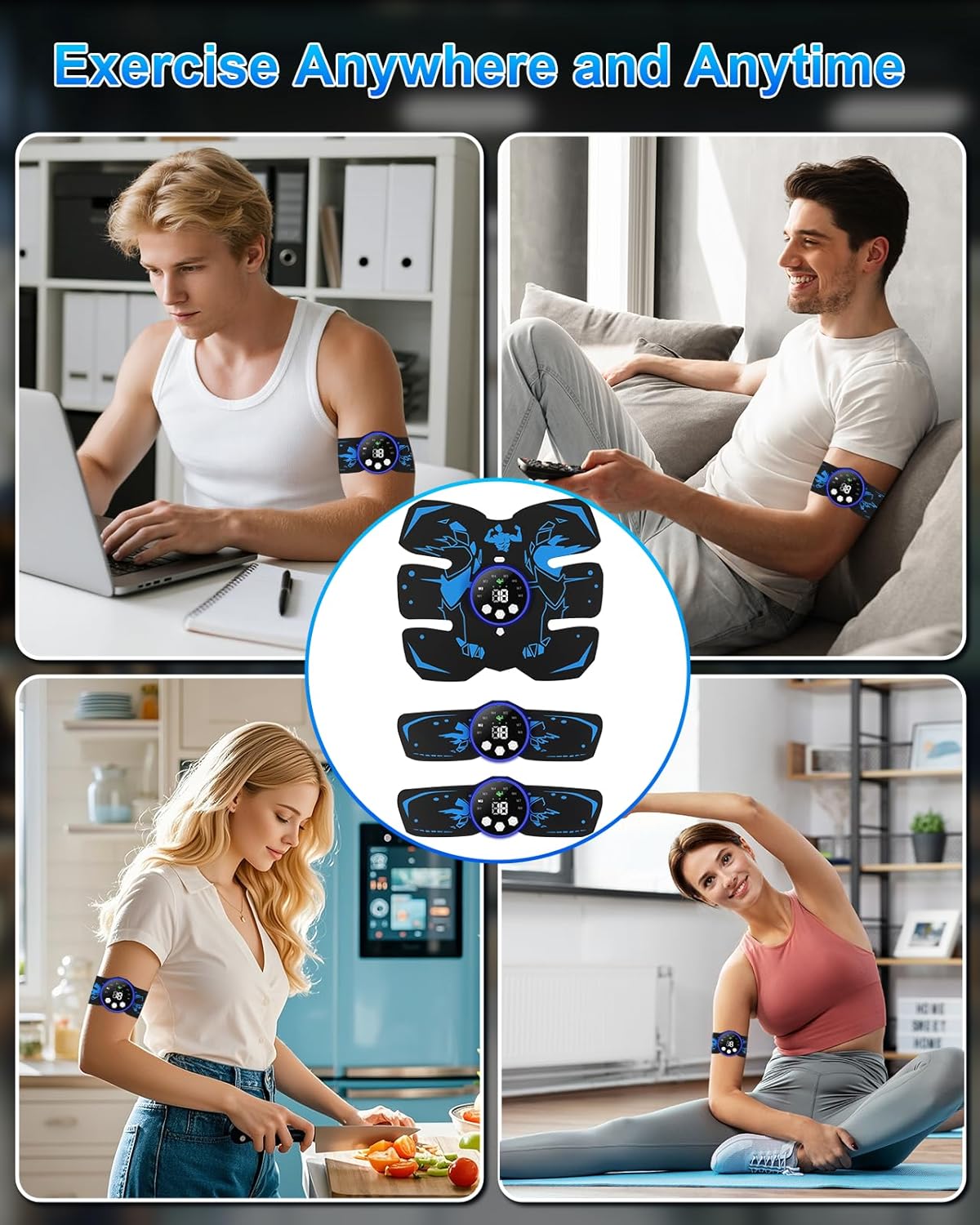 Click to see full view EMS Muscle Stimulator, ABS Trainer, Abdominal Muscle Toner Electronic Workout Home Fitness Device with 8 Modes,29 Intensities,4 Machines,4 Patches,12 Gel,For Abdominal/Arm/Leg/Hip Training