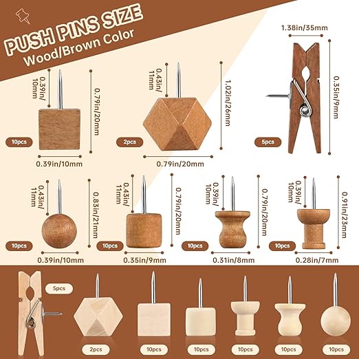 114Pcs Decorative Push Pins in 7 Types and 2 Colors Wooden Push Pins Cute Thumb Tacks Clips for Cork Board Bulletin Board Wall Cubicle Crafts for Office Classroom Farmhouse with Storage Box