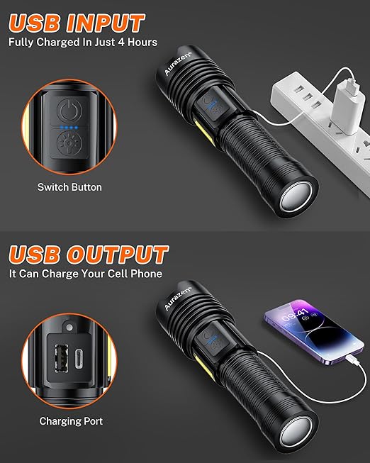 Aurazen Rechargeable Flashlights-High Lumens Flashlight, Super Bright led Flashlight with 7 Modes & COB Light, IP67 Waterproof Powerful Handheld Flash Light for Home, Camping, Emergencies