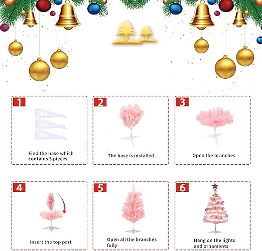 Mini Pink Christmas Tree, 24” Artificial Tabletop Christmas Tree with Lights & Hanging Ornaments, Small Desktop Xmas Tree for Party Supplies Home Indoor Decoration