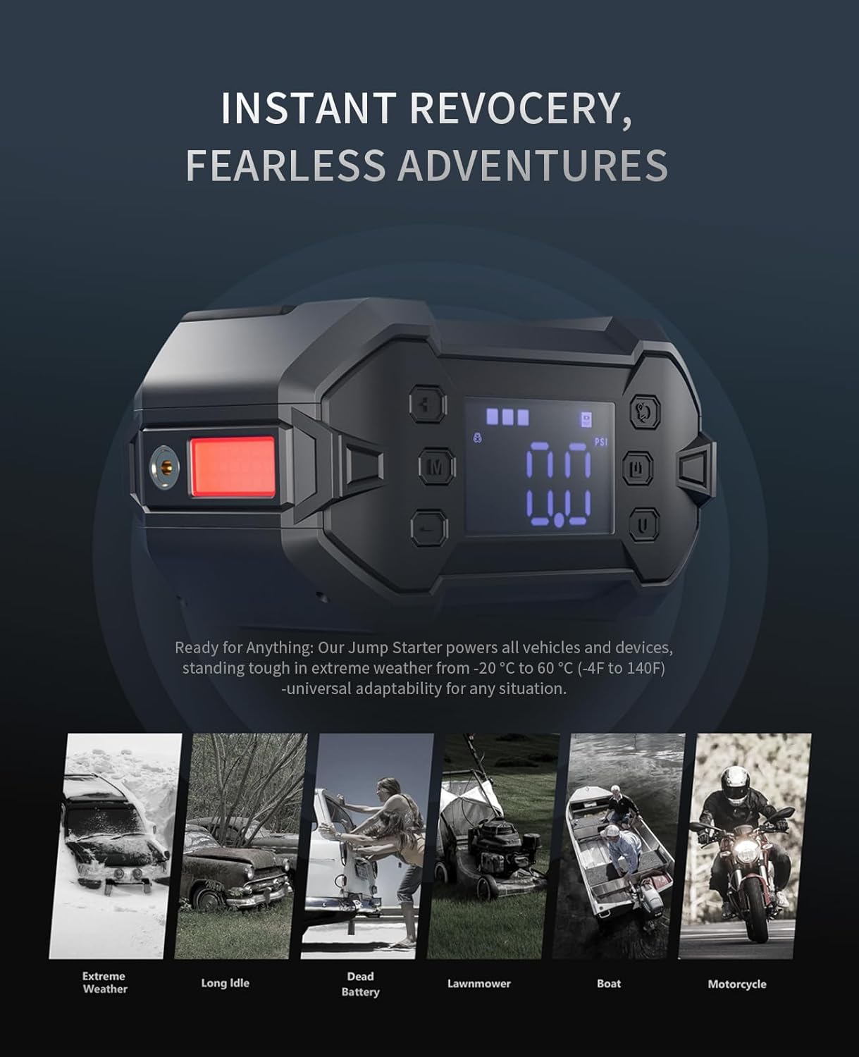 便携式汽车应急启动器 3000A 带空气压缩机 12V 电池启动器,适用于 8.0L 汽油和柴油发动机,可作为应急启动电源、充电器和移动电源使用,全天候适用。访问 GREEN KEEPER 商店