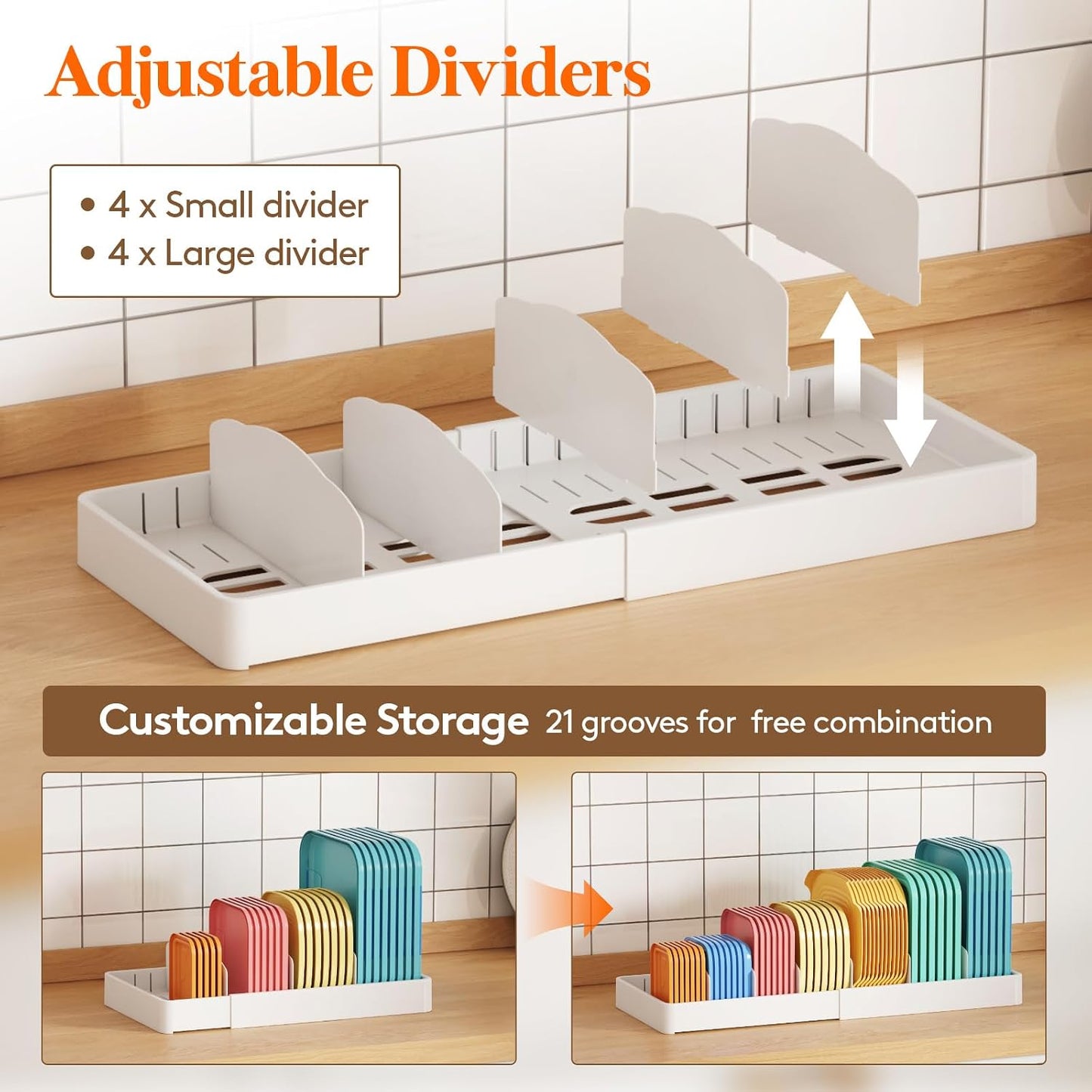 Lifewit Lid Organizers for Cabinet Adjustable, Extra Large 13-24" Food Storage Container Lid Divider with 8 Inserts & 21 Compartments, Plastic Lid Holder Inside Cabinet in Kitchen/Pantry Organization