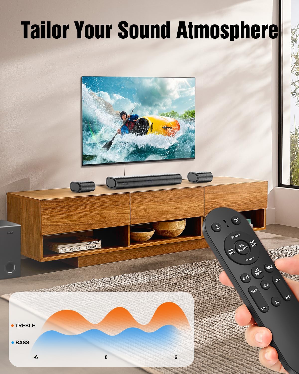 Hiwill 4.1ch Dolby Atmos Soundbar, 300W Sound Bar for TV with Subwoofer, 2 Front Surround Speakers, 3D Surround Sound System for TV, Adjustable Bass & Treble, Home Theatre Sound System, HiElite A41