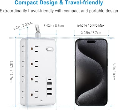 Extension Cord 10FT, Surge Protector Power Strip with 8 Widely Outlets 4 USB Ports, Flat Plug, Wall Mount Outlet Extender, Multiple Outlets for Indoor Home Office, Dorm Room Essentials