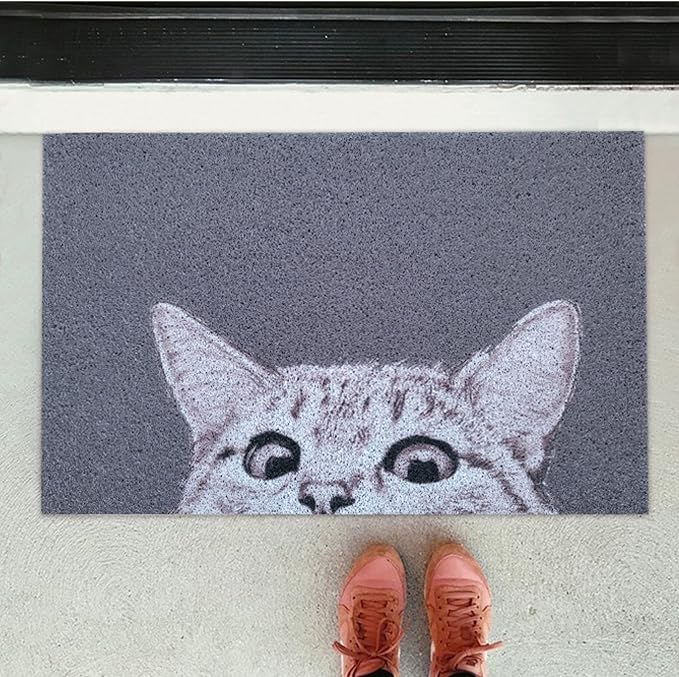 W&M Welcome Door Mat Cute Kitty Waterproof Entrance Entry Doormat for Indoor Outdoor Washable Front Porch Rug with Non Slip Rubber Back Low Profile Floor Easy Clean-Welcome Cat Design-Grey