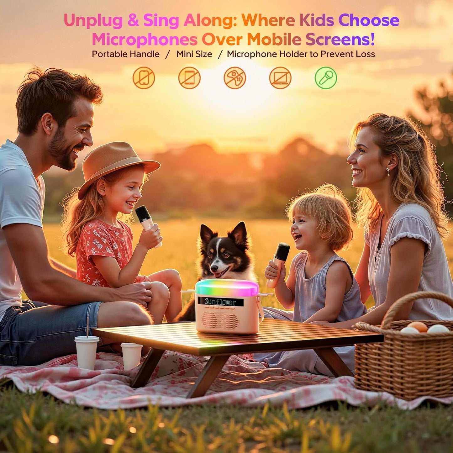 Karaoke Machine for Kids & Adults with 2 Wireless Mics 2400mAh Portable Bluetooth Karaoke Speaker with Timer White Noise & Night Light High Power Dual Speaker LED Display Home & Outdoor Party