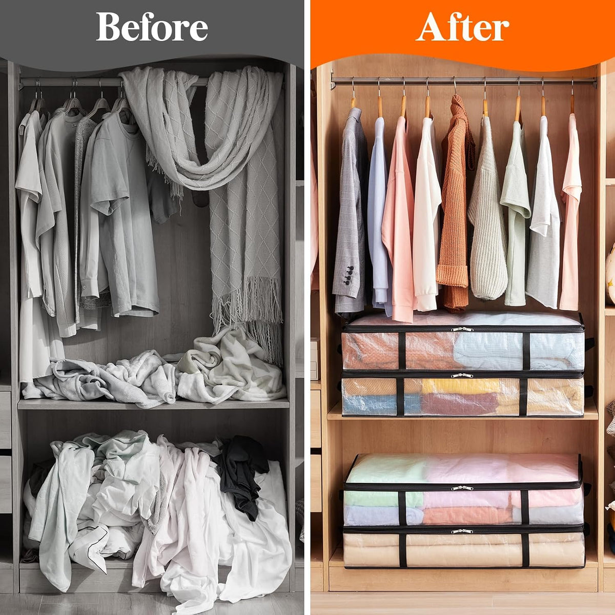 4 Pack Under Bed Storage, Large Clear Plastic Storage Bags, Clothes Storage Boxes Wardrobe Storage Organizer with Reinforced Handle Durable PP Fabric for Bedding Clothes Blanket, 60L