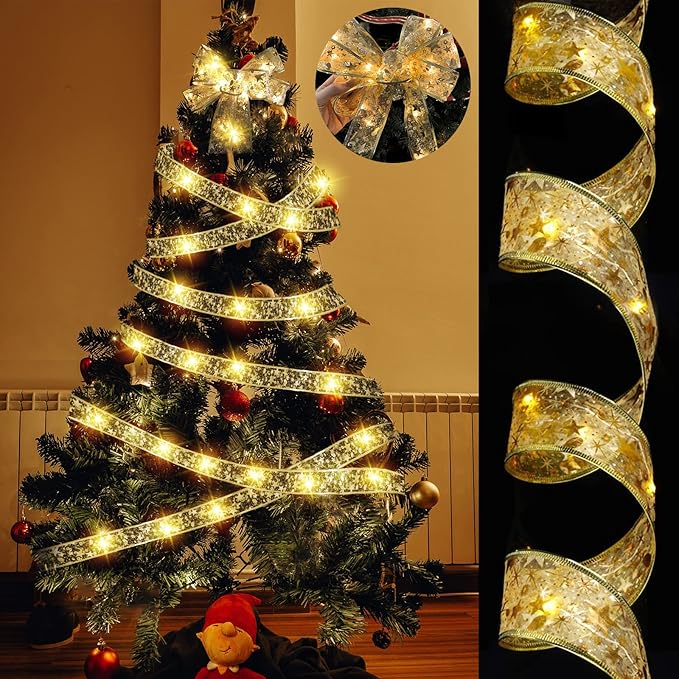 Christmas Tree Ribbon Lights Gold 32ft (2X16ft) 100 LED Lights Battery Powered Double Layer Copper Wire Ribbon Bows Fairy Strings Lights for Weddings New Year Christmas Tree Decorations