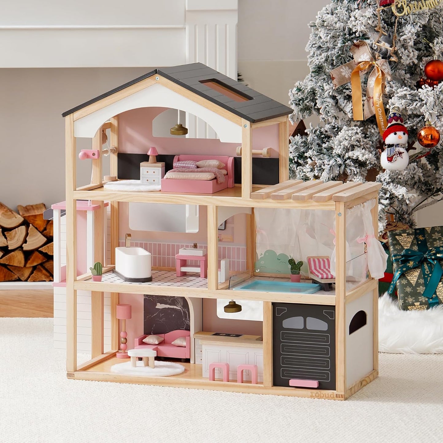 ROBUD Wooden Dollhouse, 6 Rooms Wooden Doll House with 29Pcs Furniture Set, Working Elevator, Garage, Swimming Pool, Ideal Gift for Kids Ages 3+ (Black)