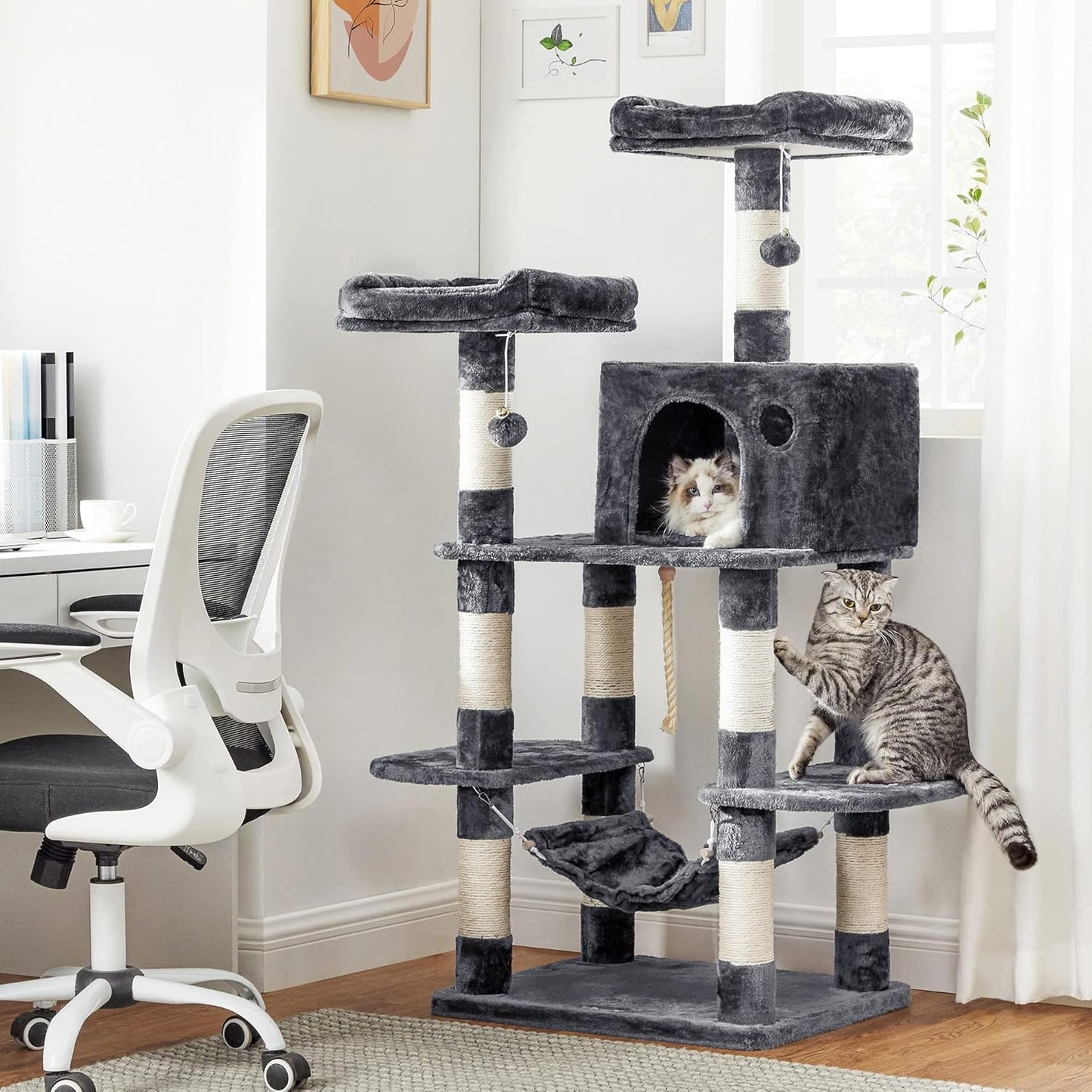 FEANDREA 59.3 Inch Cat Tree Condo with Scratching Post Kitty Tower Pet Playhouse, Smoky Gray UPCT85G