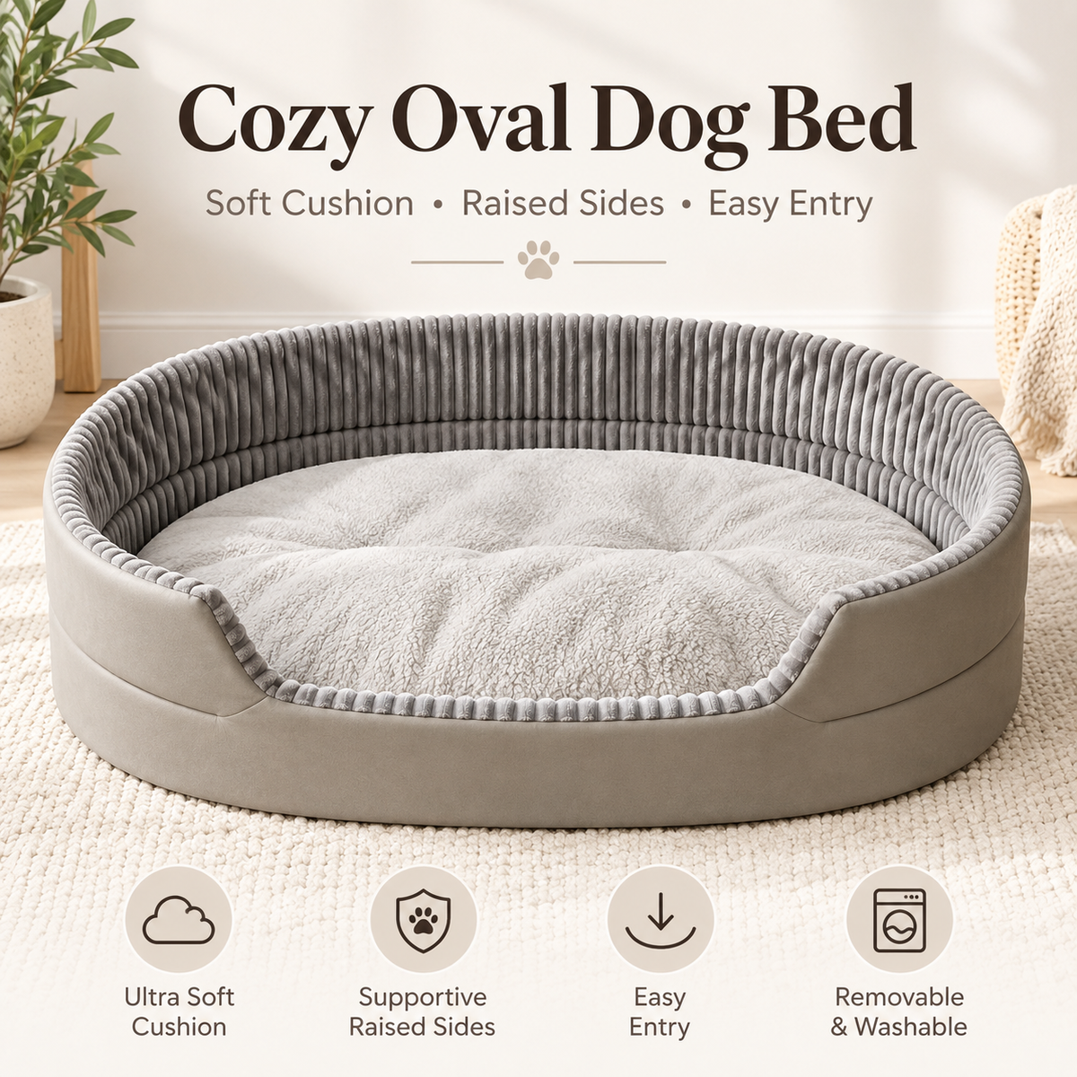 Cozy Oval Dog Bed with Soft Cushion – Raised-Side Pet Sofa Bed for Small & Medium Dogs, Large & XL
