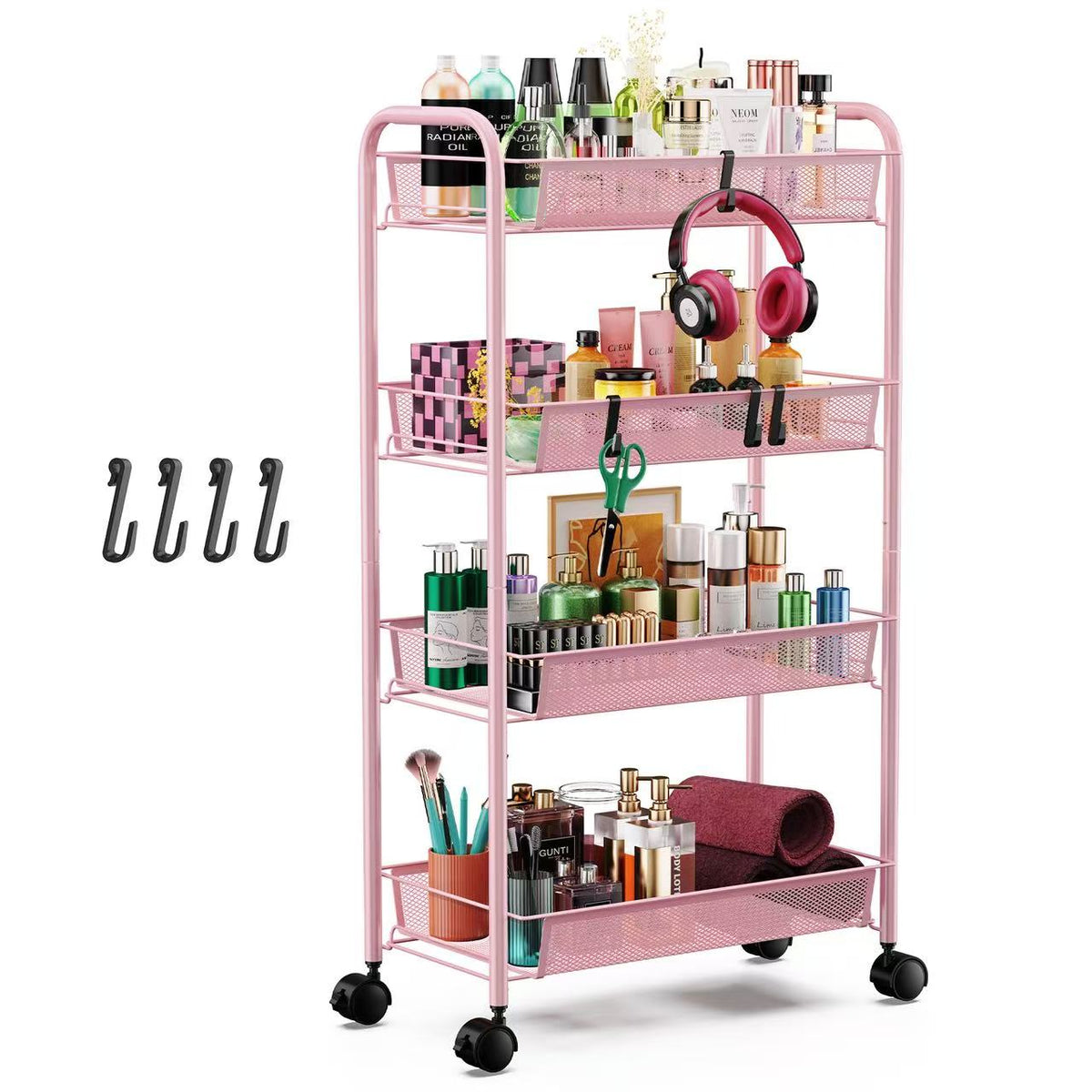 Goovilla 4-Tier Metal Rolling Cart, Mesh Wire Easy Assemble Utility Cart, Storage Trolley on Wheels with 4 Hooks, Metal Storage Shelving Units for Kitchen Bathroom Laundry Living Room, White