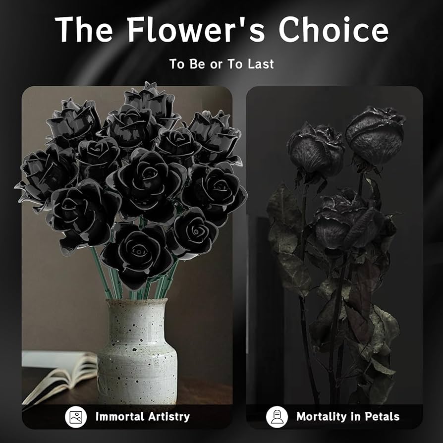 Black Roses Bouquet Building Set, Artificial Flowers Botanical Collection Building Block for Adults, Gothic Decor for Women, Girls