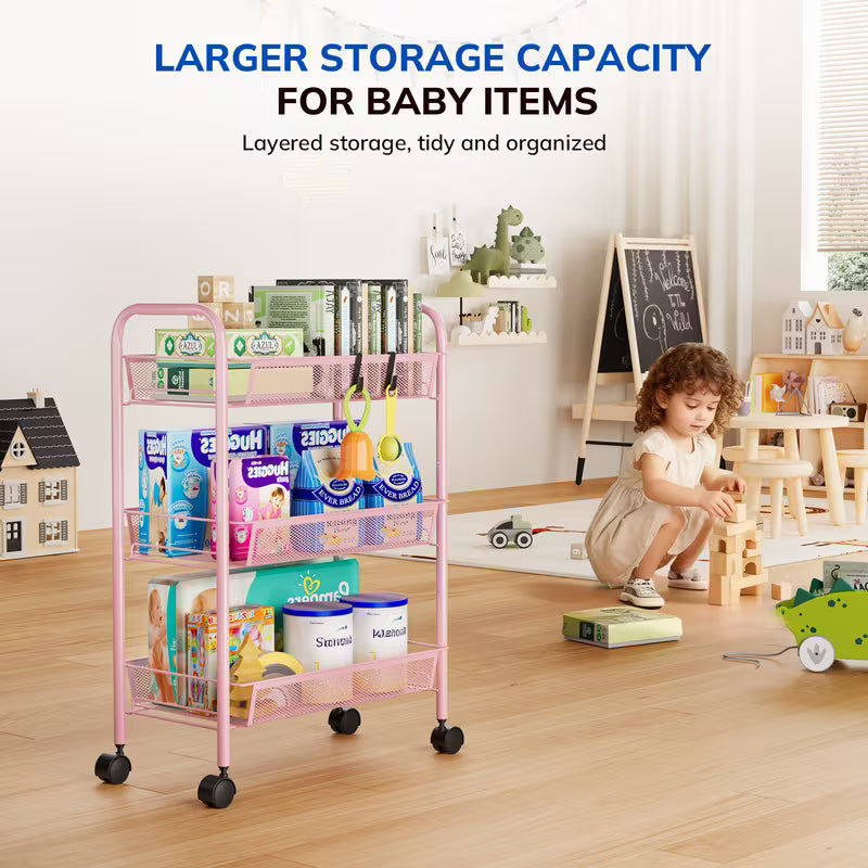 3-Tier Metal Rolling Utility Cart with Wheels & 4 Hooks – Mesh Storage Trolley for Kitchen, Bathroom & Laundry, Pink