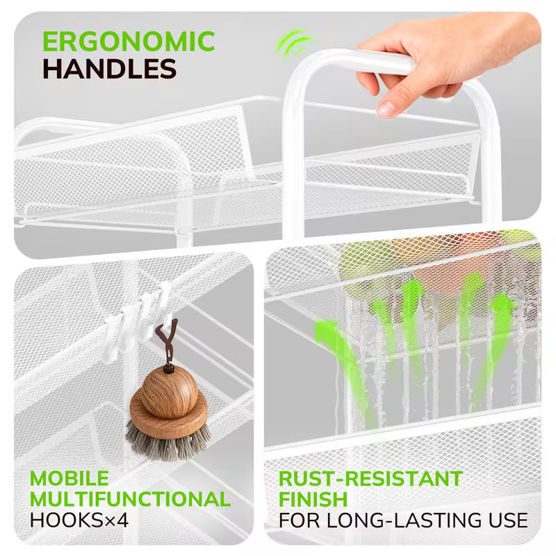 3-Tier Metal Rolling Cart, Mesh Wire Easy Assemble Utility Cart, Storage Trolley on Wheels with 4 Hooks, Metal Storage Shelving Units for Kitchen Bathroom Laundry Living Room, White