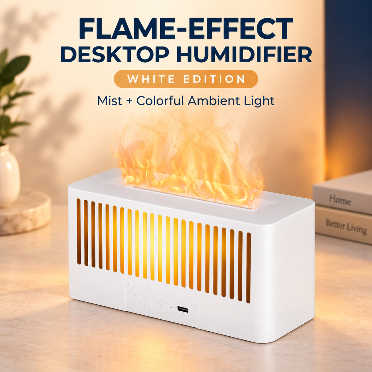 White Flame-Effect Desktop Humidifier with Colorful Ambient Light – 150 mL