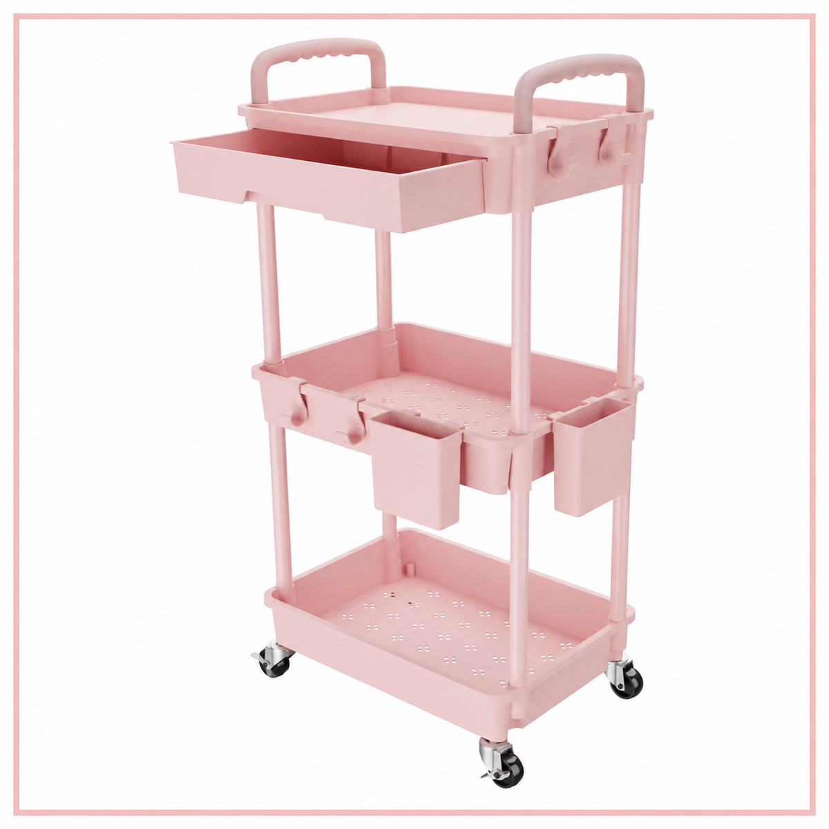 Pink 3-Tier Rolling Utility Cart with Drawer, Side Storage Bins, Hooks and Locking Casters, Multipurpose Organizer for Kitchen, Bathroom, Bedroom and Living Room