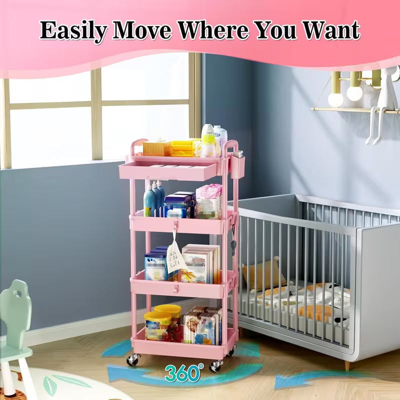 4-Tier Rolling Storage Cart Organizer with Drawer and Wheels – Pink