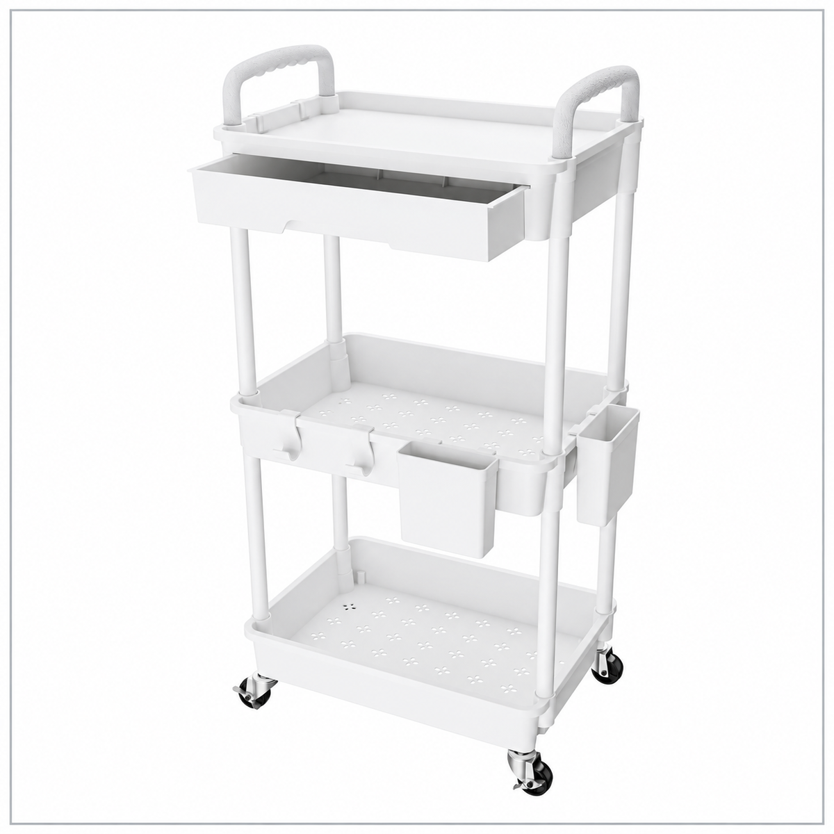 White 3-Tier Rolling Utility Cart with Drawer, 2 Side Storage Bins, 4 Hooks and 4 Casters, Multipurpose Plastic Organizer for Kitchen, Bathroom, Bedroom and Office
