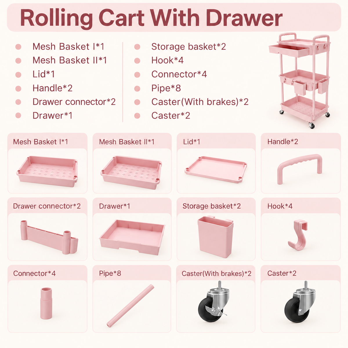 Pink 3-Tier Rolling Utility Cart with Drawer, Side Storage Bins, Hooks and Locking Casters, Multipurpose Organizer for Kitchen, Bathroom, Bedroom and Living Room