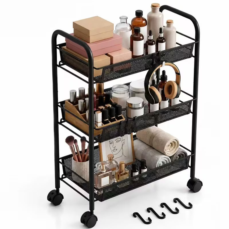 3-Tier Metal Rolling Utility Cart with Wheels & 4 Hooks – Mesh Storage Trolley for Kitchen, Bathroom & Laundry, Black