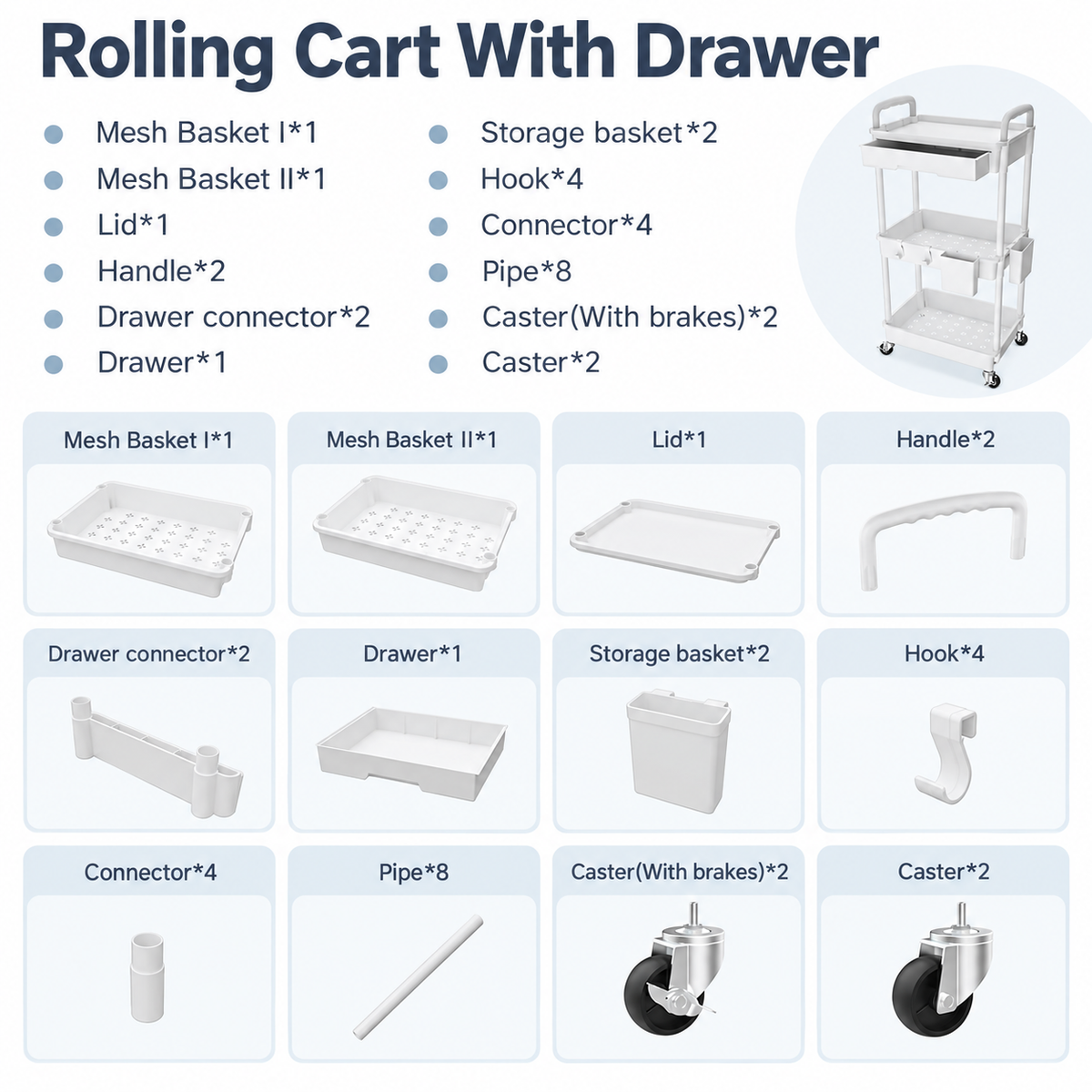 White 3-Tier Rolling Utility Cart with Drawer, 2 Side Storage Bins, 4 Hooks and 4 Casters, Multipurpose Plastic Organizer for Kitchen, Bathroom, Bedroom and Office