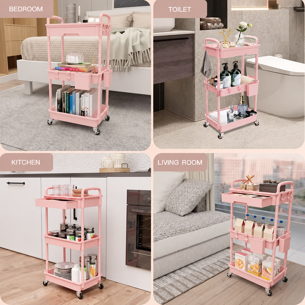 Pink 3-Tier Rolling Utility Cart with Drawer, Side Storage Bins, Hooks and Locking Casters, Multipurpose Organizer for Kitchen, Bathroom, Bedroom and Living Room